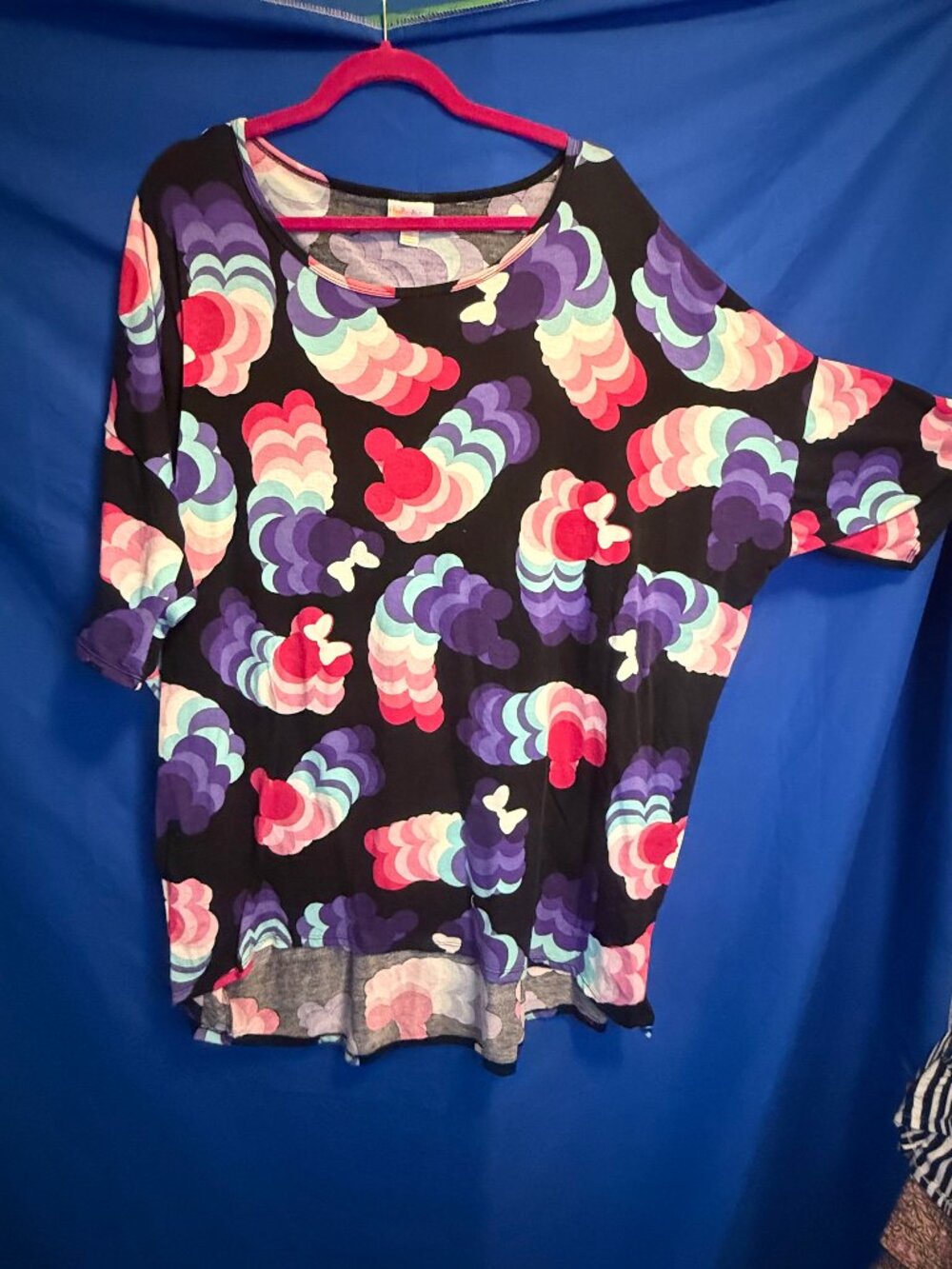 LuLaRoe Women's Black Top with Purple, Pink, Red and Aqua Cloud Pattern